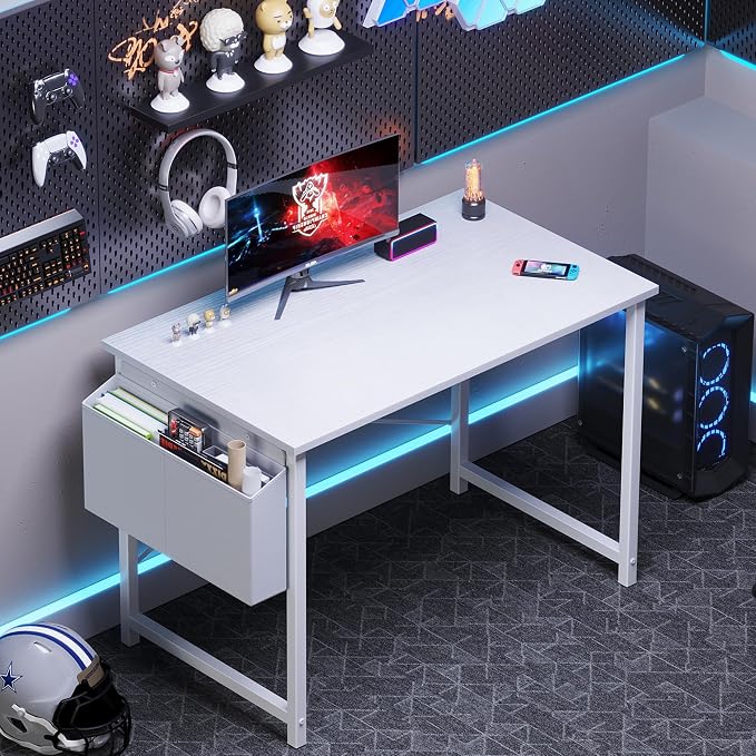 OLIXIS Small Computer Desk, 40 Inch Home Office Desks, Writing Study Craft Work Gaming Table, Computer Workstation for Bedroom Small Spaces with Storage Bag, All White