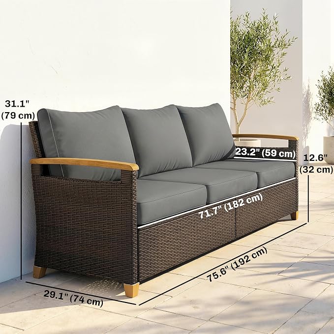 Outsunny 3 Seater Outdoor Couch Sofa, PE Wicker Patio Couch with Wide Deep Seating, 4" Foam Cushions, Wood-Effect Armrests and Legs, Patio Sofa Furniture for Garden, Backyard, Porch, Gray