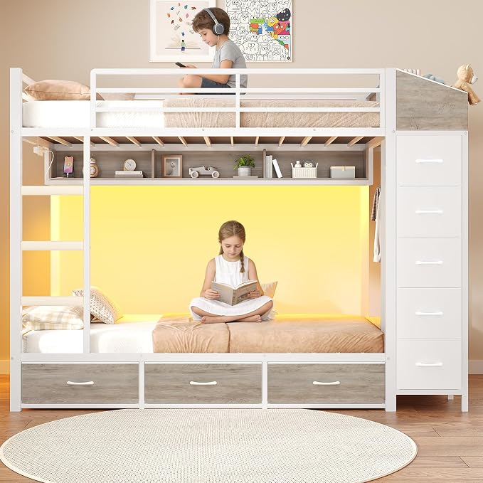 VIAGDO Bunk Bed Twin Over Twin with 8 Storage Drawers and Power Outlets, LED Twin Bunk Beds with Hall Tree and Shelves, Metal Bunk Beds with Safety Guardrail & Ladder for Dorms, Kids, White