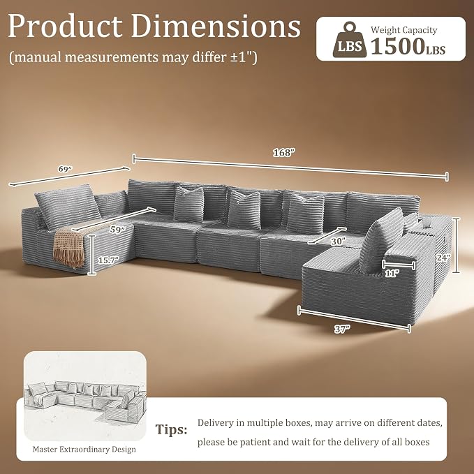168" Cloud Sectional Couch, Comfort U Shaped Sofa for Living Room, Extra Deep Seats No Assembly, Minimalist Modular Couch, Corduroy (Light Grey, 7 Seats,U-Shape B)