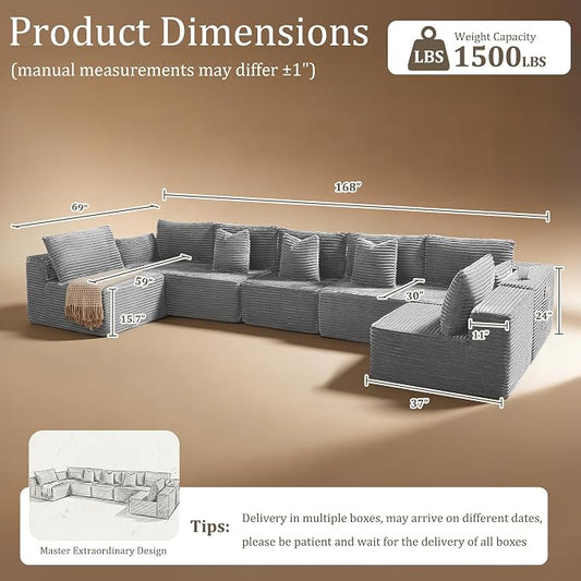 168" Cloud Sectional Couch, Comfort U Shaped Sofa for Living Room, Extra Deep Seats No Assembly, Minimalist Modular Couch, Corduroy (Light Grey, 7 Seats,U-Shape B)