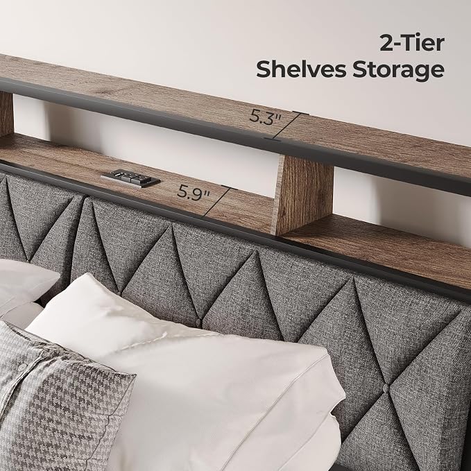 King Headboard Only, Headboard for King Size Bed with Storage, Upholstered Headboards with LED Lights & Charging Station, Attach Frame, Ideal for Bedroom/Dorm/Guest Room, Dark Grey & Brown