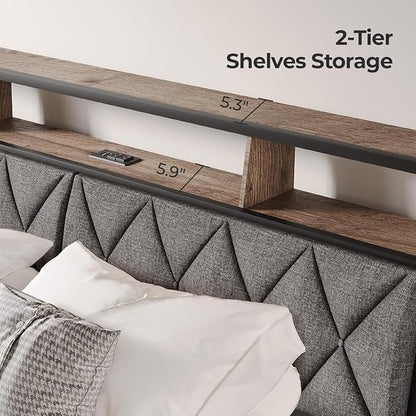King Headboard Only, Headboard for King Size Bed with Storage, Upholstered Headboards with LED Lights & Charging Station, Attach Frame, Ideal for Bedroom/Dorm/Guest Room, Dark Grey & Brown