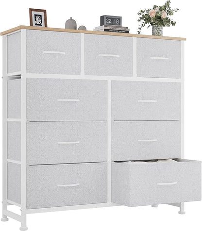 OLIXIS 9 Drawer Storage Dresser with Wood Top - Wide Fabric Chest Organizer for Bedroom, Closet, Living Room,Tower Cabinet, TV Stand, Hallway Entryway Furniture,Light Grey