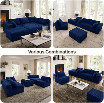 Claiks 132" Boneless Couch, Cloud Couch Sectional, U-Shape Corduroy Modular Sectional Sofa Deep Seat, Upholstered Couches for Living Room, No Assembly Required, Blue
