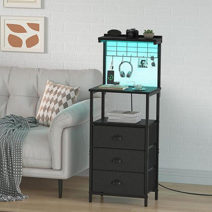 sthmec Bedside Tables Tall Nightstands with Charging Station, LED Bedside Table for Bedroom - 3 PU Fabric Drawers, Hooks, Black