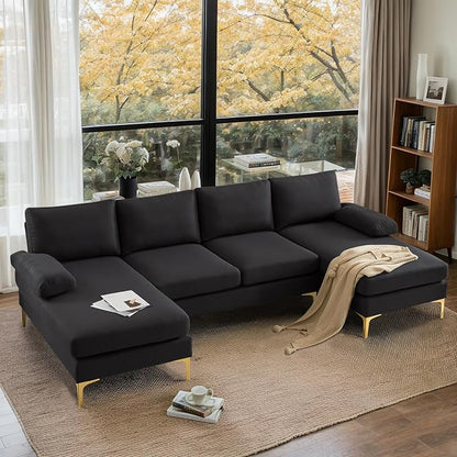 VINGLI 110" Modern Sectional Couch with 51" D Double Chaise, Black Deep Seat U Shaped Couch with Removable Pillows & Metal Legs, Comfy 4-Seat Sofas for Living Room, Linen Fabric