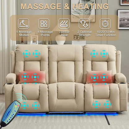 URRED Power Loveseat Recliner Sofa with Massage and Heat, Wall Hugger Reclining Loveseat with Console, RV Couch Home Theater Seating with LED Lights for Living Room (Beige, 76.8" - 3 Seats)