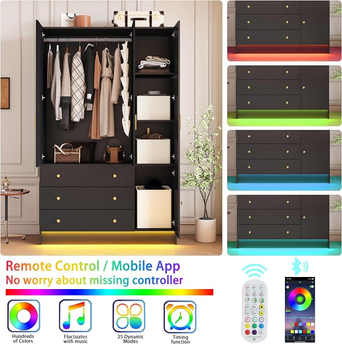 75” Tall Wardrobe Closet with 3 Doors & 3 Drawers, Modern Armoire with Mirror & LED Lights, Wooden Armoire Wardrobe Closet for Bedroom, Hanging Rod, Freestanding Clothing Storage Cabinet, Black