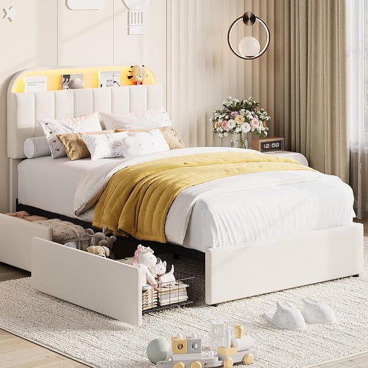 Garvee Twin XL Size Bed Frame with 2 Flexible Drawers, Velvet Upholstered Platform Bed Frame with Bookcase Headboard and LED Lights, Kids Bed for Girls, Easy Assembly, Noise Free, Beige