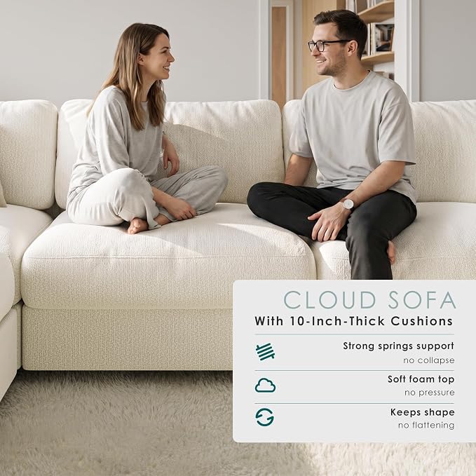 114" Cloud Couch Sectional Couches for Living Room Warm White | 10" High-Resilience Cloud Cushion, 36" Movable Ottoman, Plus-Size Friendly Couch, 28" Extra Deep Seat Sofa