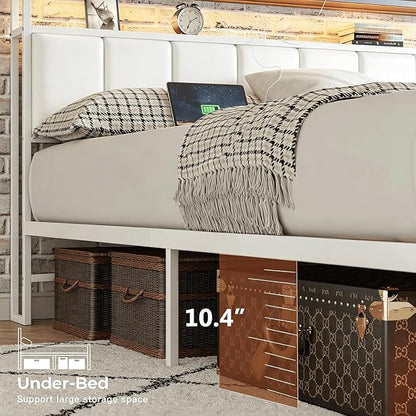 Queen Size Bed Frame with Upholstered Headboard and 2-Tier Storage Shelves | Metal / Charging Station / LED Lights / Under Bed Storage / Non-slip/ Noise Free / No Box Spring Needed / White