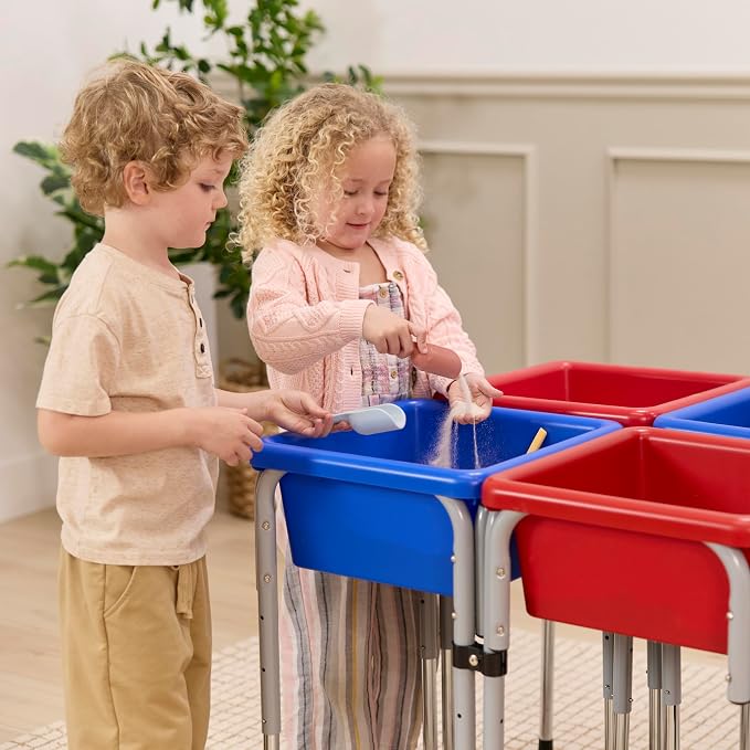 Back2School Express Adjustable Quad Sensory Tables with Lids, Children's Furniture, Blue/Red