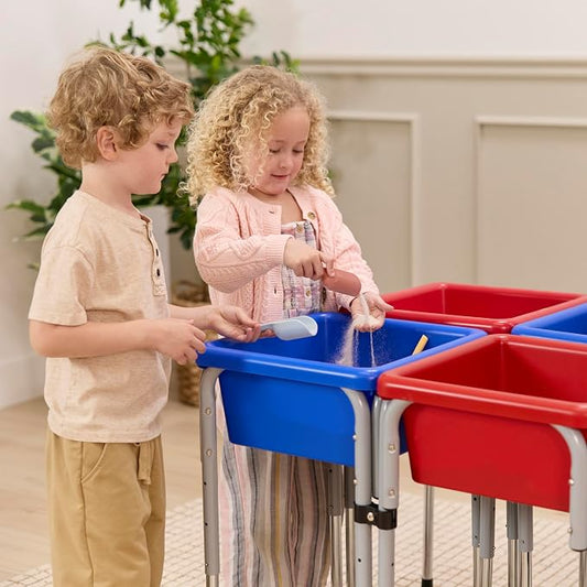 Back2School Express Adjustable Quad Sensory Tables with Lids, Children's Furniture, Blue/Red