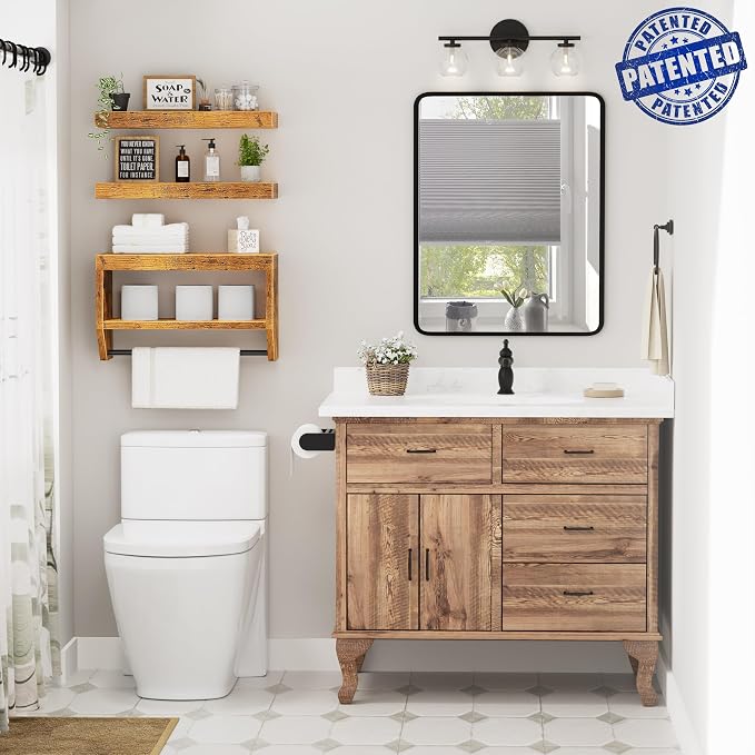 QEEIG Bathroom Floating Shelves for Wall - Shelf Over Toilet Paper Storage Farmhouse 16 inch Set of 3, Rustic Brown (028-40BN3)