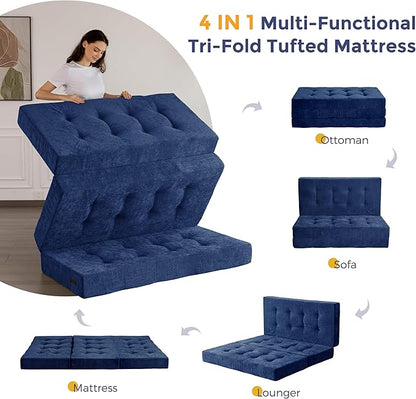 MAXYOYO 6" Folding Sofa Bed for Floor, Tufted Tri-Fold Floor Mattress with Chenille Fabric, Full Size Portable Sofa Couch Guest Mat for Adults, Foldable Topper for Camping, Navy, 53"x75"
