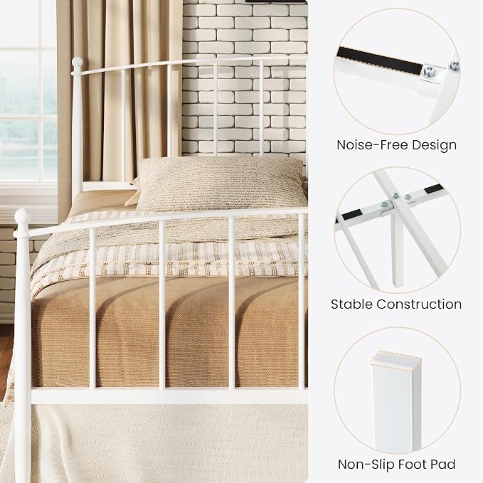 SHA CERLIN King Size Metal Platform Bed Frame with Victorian Style Iron-Art Headboard and Footboard, Easy Assembly, No Box Spring Needed, White