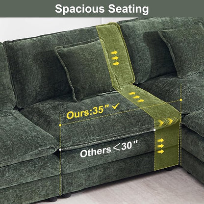 111.5" Modular Sectional Sofa, Large L Shaped Sectionals Cloud Couch, Big Comfy 3-Seat Couch with Ottoman, 4 Seater Chenille Sectional Sofa with Deep Seat and 5 Pillows for Living Room- Green
