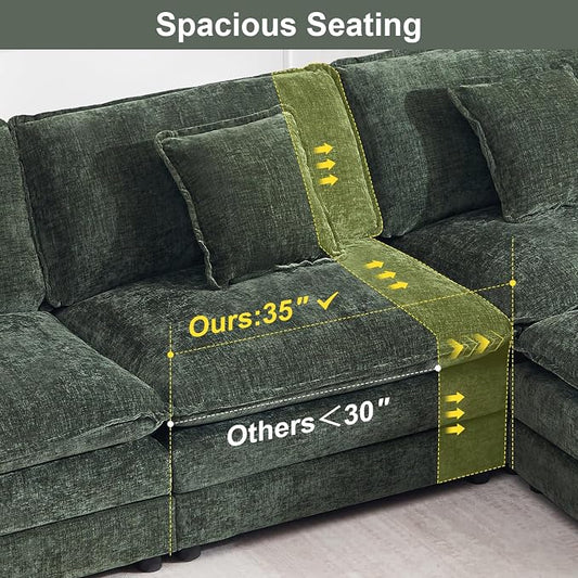 111.5" Modular Sectional Sofa, Large L Shaped Sectionals Cloud Couch, Big Comfy 3-Seat Couch with Ottoman, 4 Seater Chenille Sectional Sofa with Deep Seat and 5 Pillows for Living Room- Green