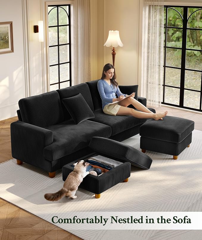 Welzona 25.2" Couches for Living Room, Comfy Black Ottoman with Storage, Foot Rest Tool-Free Setup, Small Ottoman Foot Rest for Couch, Corduroy Couch for Bedroom, Apartment, Office