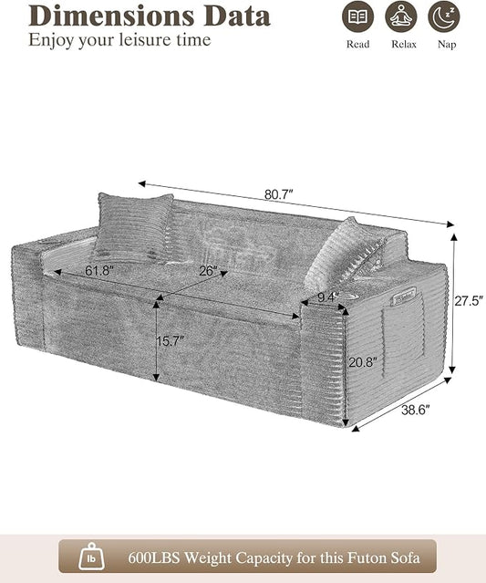 80.7" Boneless Sofa Couches with Cup Holder,3 Seat Couch with Side Pocket, Cloud Couch for Compact Living Rooms, Apartments(Beige White)