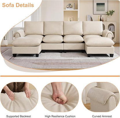 118" Faux Leather Modular Sectional Sofa with 2 Ottoman, Oversized 4 Seater Couch with Curved Armrests, Cloud Modern U-Shaped Sofa Deep Seat for Living Room, Beige