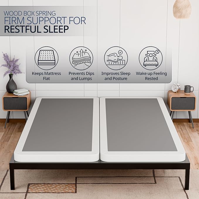 Box Spring Bed Base Queen Size, 2-Inch Wood Mattress Foundation - Amish Made in USA – Quiet Noise Free, Under Mattress-Support BoxSpring, Fully Assembled, White