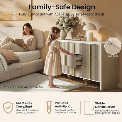 ModernMate Fluted 9 Drawer Dresser for Bedroom, 64.2" Wide White Chest of Drawers, Modern Wood Storage Cabinet with Metal Handles, Anti-Tip Clothes Organizer, White Alder
