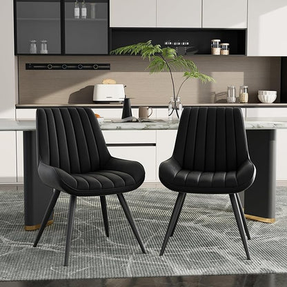 Dining Chairs Set of 2, Faux Leather Mid Century Modern Kitchen Chairs with Soft Cushion, Comfortable Upholstered Dining Room Chairs for Kitchen, Black