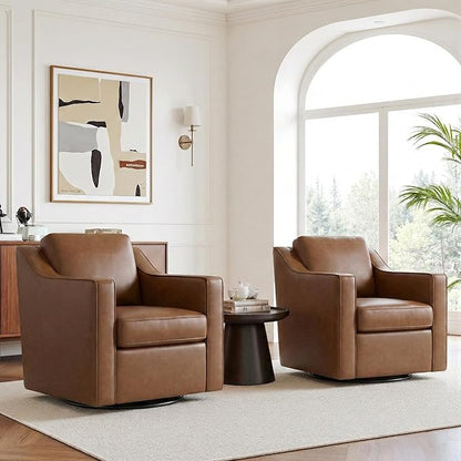 Swivel Accent Chairs Set of 2, 360° Swivel Upholstered Faux Leather Club Armchairs for Living Room, Comfy Single Sofa Reading Chair with Deep Seat, Metal Swivel Base, Coffee