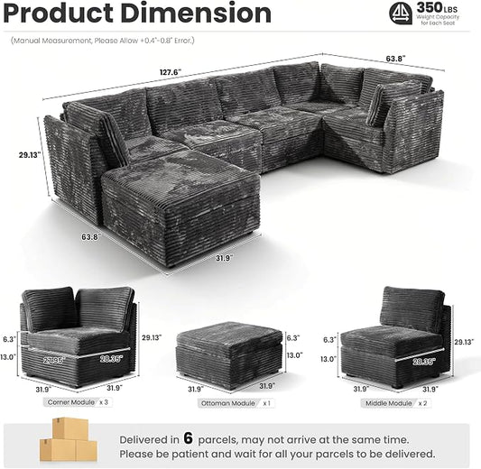 ovios Modular Sectional Sofa Couch with L-Shape Chaise Ottoman, Comfy Plush Corduroy Cloud Couches, Modern Luxury Deep Seat Sofas Set for Living Room, 6-Seater, Grey