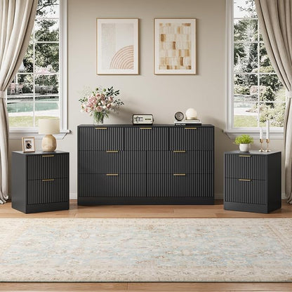 7 Drawer Dresser & Nightstand Set 3-Piece, 55” Wide Bedroom Dressers and Night Stand Set of 2 with Metal Handle, Fluted Modern Wood Chest of Drawers Storage Dressers Set for Bedroom, Black