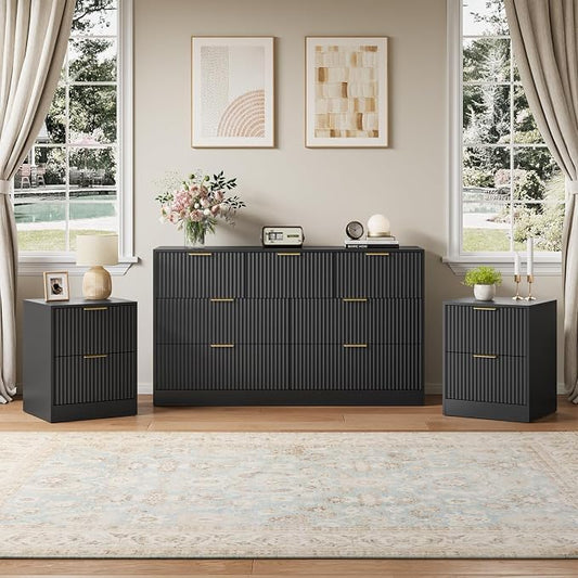 7 Drawer Dresser & Nightstand Set 3-Piece, 55” Wide Bedroom Dressers and Night Stand Set of 2 with Metal Handle, Fluted Modern Wood Chest of Drawers Storage Dressers Set for Bedroom, Black