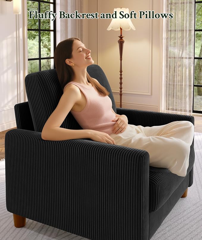 Welzona 35.3" Couches for Living Room, Comfy Black Couch Single with 22.5" Deeper Seat, Accent Chair Tool-Free Setup, Reading Chair 440lbs Support, Corduroy Couch for Bedroom, Apartment, Office