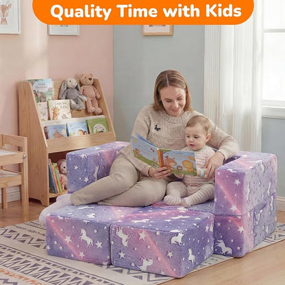 MeMoreCool Unicorn Modular Kids Couch, Glow Rainbow Play Toddler Couch for Bedroom, Convertible Foam Kids Sofa Bed, Fold Out Baby Sofa for Girl Boy, Purple