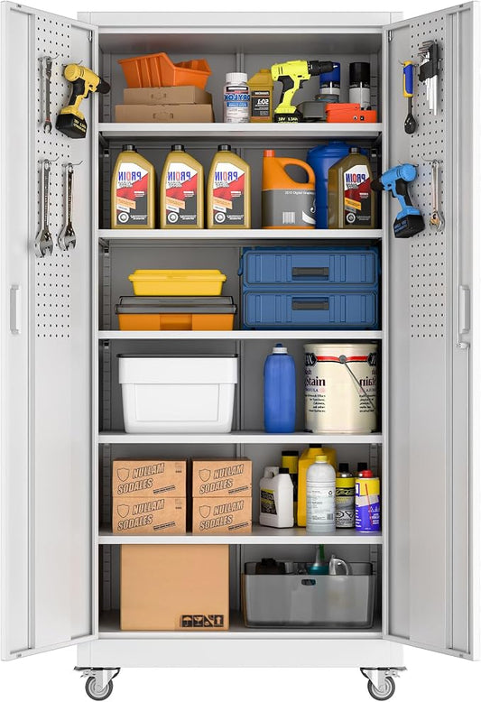 Reemoon 71" H Garage Storage Cabinet with Wheel, Metal Storage Cabinet with Doors,5 Adjustable Shelves and Pegboard for Garage Home Office,Required Assembly,White,71" H×32" W×16" D