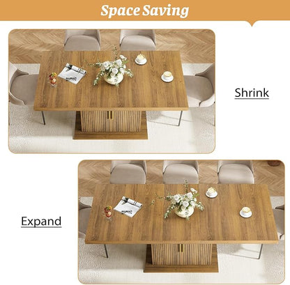 Zevemomo 62.99"-78.74" Expandable Dining Table with Storage, Extendable Dining Table for 6-10 People, Extra Hidden Storage for Tableware & Wine, Modern Farmhouse Table for Kitchen Living Room-Brown