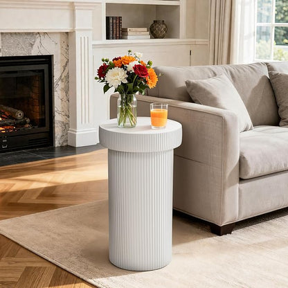 24" Pedestal Side Table, Round Fluted 3-in-1 Coffee Accent Table | Durable Lightweight Round Table, Decorative Patio Outdoor GardenStool Art for Poolside, Balcony, Living room.