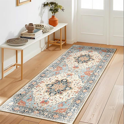 RELEANY Area Rugs Runner 2'x5' Washable Non-Slip, Floral Vintage Distress Medallion Carpet for Kitchen Hallway Bedroom Beside Laundry Room Bathroom, Beige Navy Blue Orange Colorful