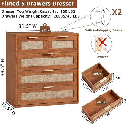 LEYAOYAO Rattan Dresser for Bedroom, 33.5" Tall Chest of Drawers, Modern 5 Drawers Boho Dressers with Storage, Vintage Brown Dresser Wooden Closet Organizer for Living Room, Hallway