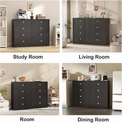 8 Drawer Dresser for Bedroom: 47" Fluted Black Dresser Deep Drawers, Modern Chest of Drawers for Bedroom, Fluted Wood Dressers for Living Room, Hallway