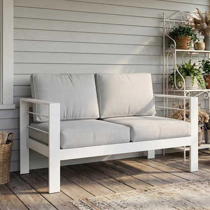 Wisteria Lane Aluminum Outdoor Sofa, Loveseat Sofa Patio Couch All-Weather Rust-Proof Modern Metal Patio Furniture with 5" Thick Olefin Cushions, Light Grey