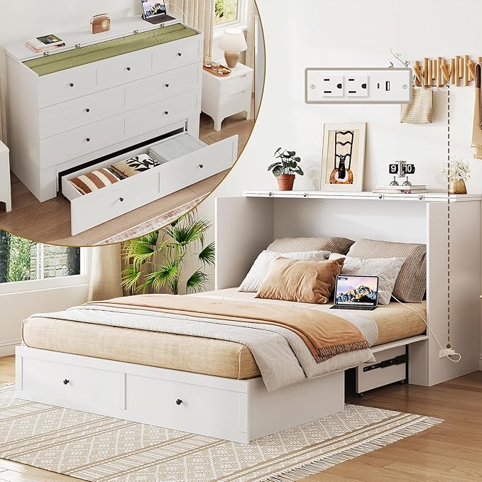 LIVAUVEAD Queen Murphy Bed with Drawer Storage & Charging Station, Murphy Bed Cabinet with Foldable Panel, for Guest Bedroom, Living Room, Office, White