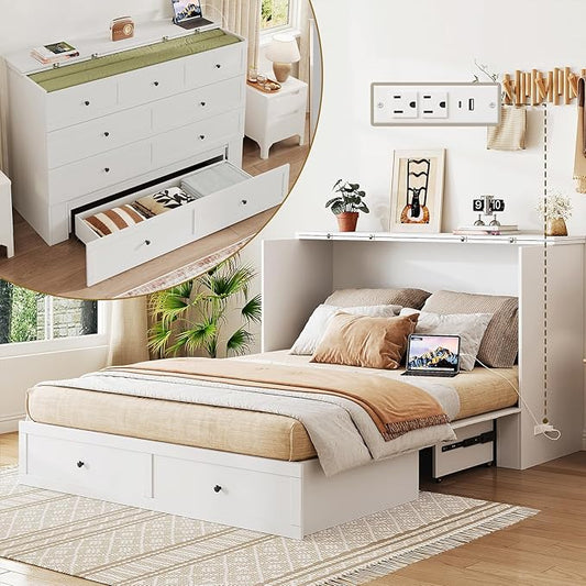 LIVAUVEAD Queen Murphy Bed with Drawer Storage & Charging Station, Murphy Bed Cabinet with Foldable Panel, for Guest Bedroom, Living Room, Office, White
