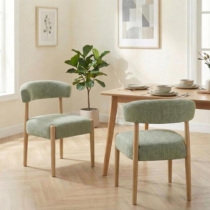 VKNOW Wooden Dining Chairs Set of 6, Modern Upholstered Dining Room Chairs with Rubberwood Legs and Curved Backrest, Fabric Kitchen Chairs for Living Room/Dining Room, Green