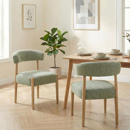 VKNOW Wooden Dining Chairs Set of 6, Modern Upholstered Dining Room Chairs with Rubberwood Legs and Curved Backrest, Fabric Kitchen Chairs for Living Room/Dining Room, Green