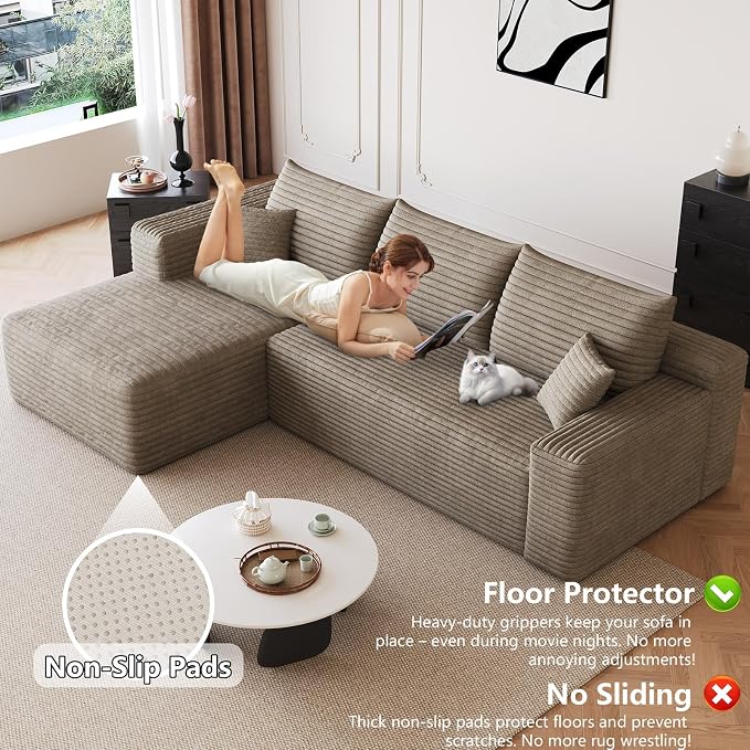 95" Modular Sectional Sofa, Modern Corduroy Cloud Couch with Side Pockets, Boneless Couch Upholstered 3-Seater L-Shaped Sofa for Living Room, No Assembly Required (Camel,Left-Facing Chaise)