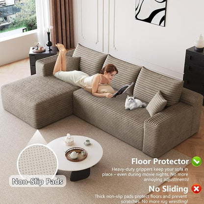95" Modular Sectional Sofa, Modern Corduroy Cloud Couch with Side Pockets, Boneless Couch Upholstered 3-Seater L-Shaped Sofa for Living Room, No Assembly Required (Camel,Left-Facing Chaise)