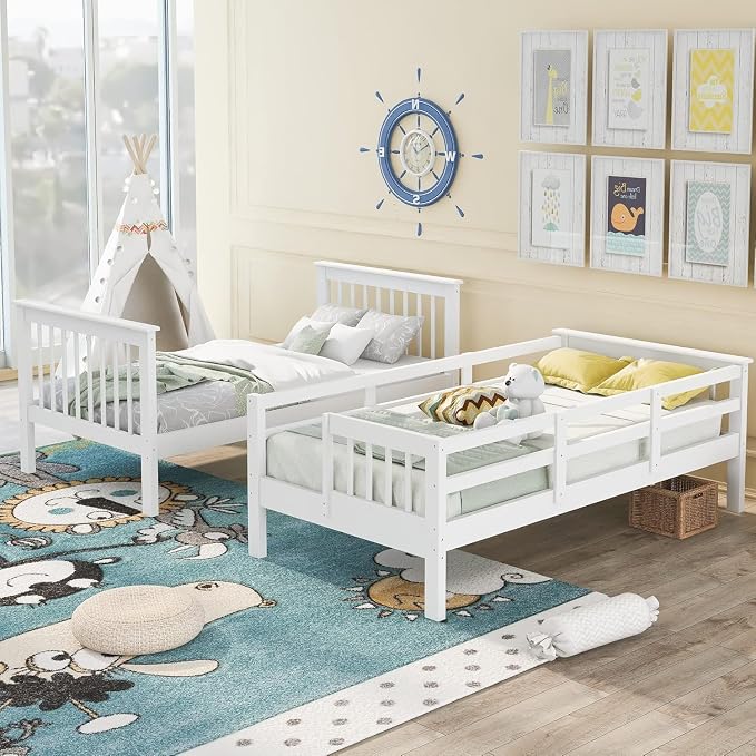 MERITLINE Twin Over Twin Bunk Bed with Storage Staircase, Solid Wood Stairway Convertible Bunk Bed with Stairs (Twin Over Twin,White)