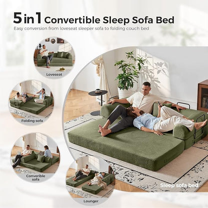 79" 5-in-1 Convertible Sofa Bed No Assembly, Boneless Couch Bed with High Density Foam, Foldable Sleeper Sofa, Corduroy Modular Couch for Apartment, Studio, Dorm Room, Small Space, Light Green